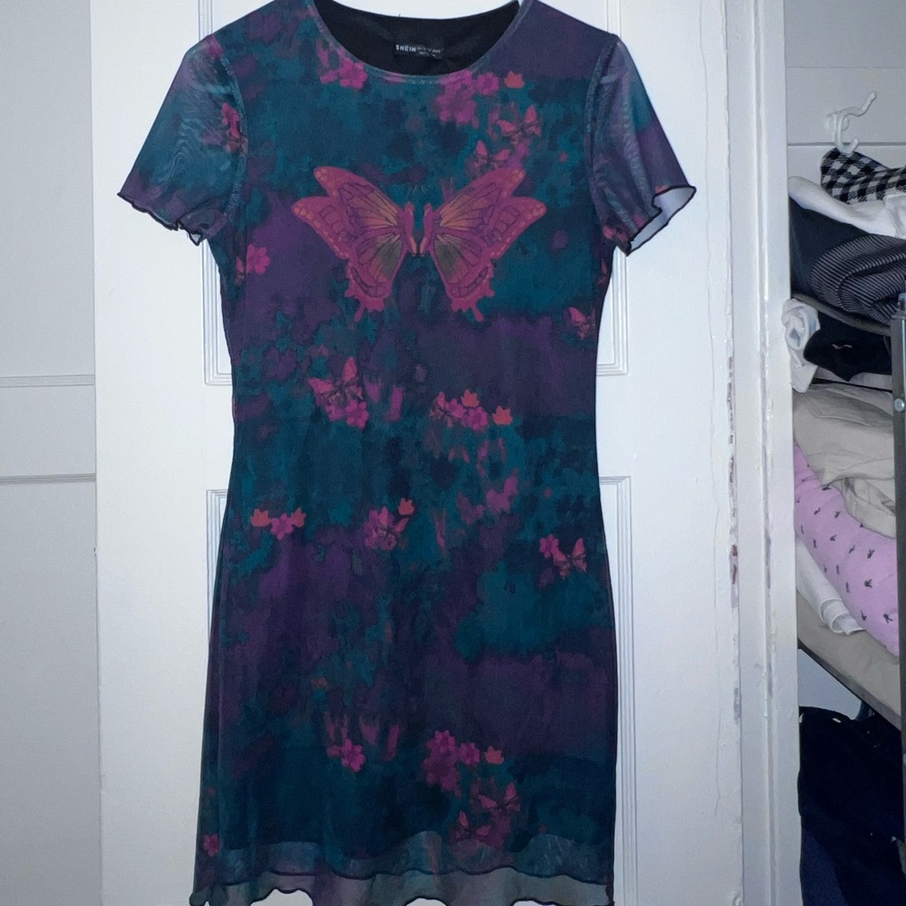 Red and green butterfly mini dress